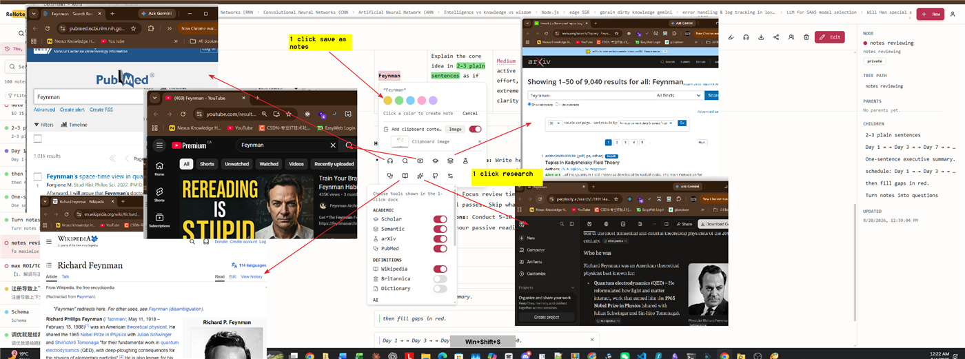 ReNoteSearch research workspace showing connected notes and research tools